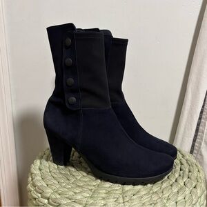 Arche Navy Blue Nubuck Black Snap Block Heel Mid Calf Boots